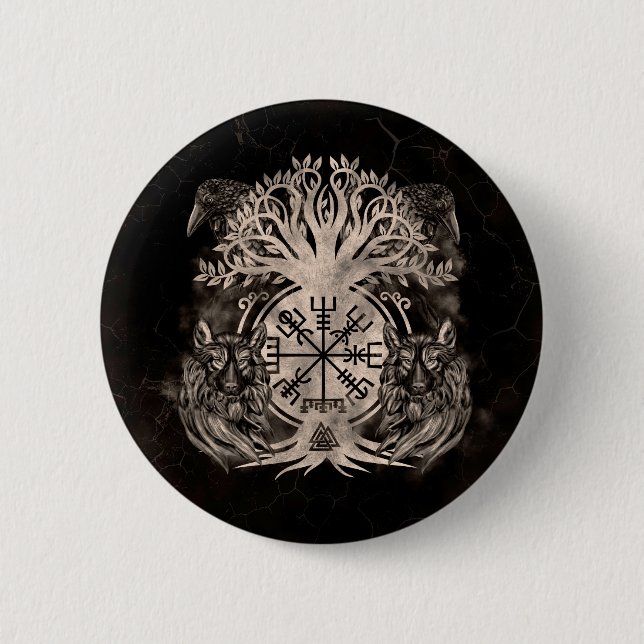Bóton Redondo 5.08cm Vegvisir - Yggdrasil Com Ravens E Lobos (Frente)