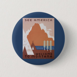 Bóton Redondo 5.08cm Veja América Bem-vindo a Montana, Viagens vintage