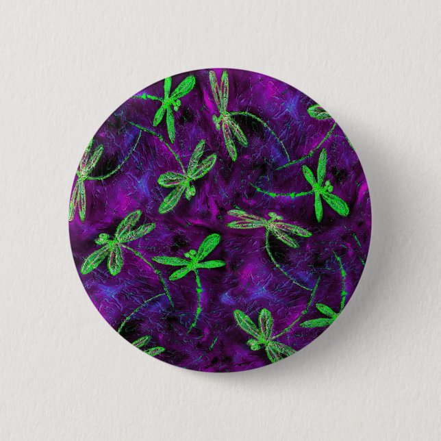 Bóton Redondo 5.08cm Verde limão das libélulas a quente rosa e púrpura (Frente)