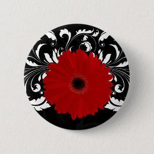 Bóton Redondo 5.08cm Vermelho brilhante Gerbera Daisy em preto