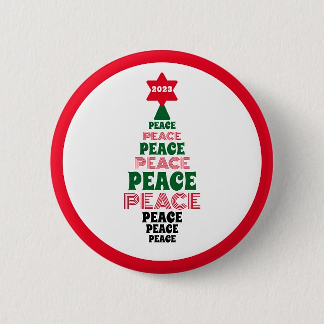 Bóton Redondo 5.08cm Vermelho e Verde, Árvore de Natal de Paz, branca (Frente)