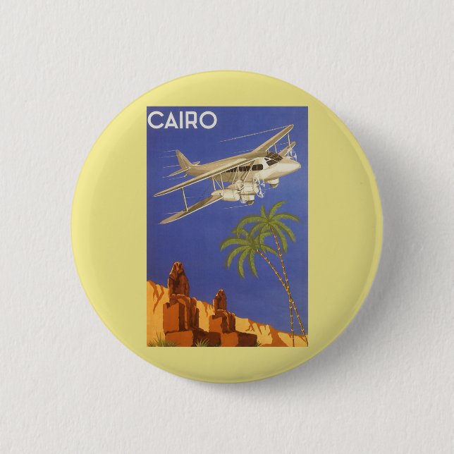 Bóton Redondo 5.08cm Viagem Antiga para o Cairo, Egito, Avião Biplano (Frente)