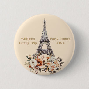 Bóton Redondo 5.08cm Viagem Personalizada ao Torre Eiffel Floral de Par