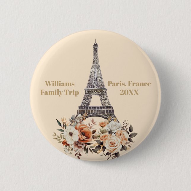 Bóton Redondo 5.08cm Viagem Personalizada ao Torre Eiffel Floral de Par (Frente)