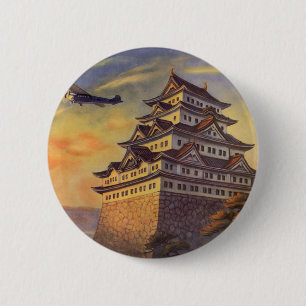 Bóton Redondo 5.08cm Viagem Vintage Japão, Avião Pagode Japonesa