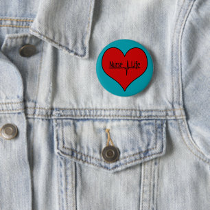 Bóton Redondo 5.08cm Vida de Enfermeira - Coração EKG Vermelho em Azul