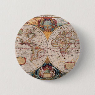 Bóton Redondo 5.08cm Vintage Antique Velho Mapa do Mundo Design Impress