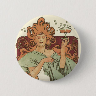 Bóton Redondo 5.08cm Vintage Art Nouveau de Mucha, Partido do Champanhe