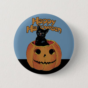 Bóton Redondo 5.08cm Vintage Cat em Jack'o'Lantern