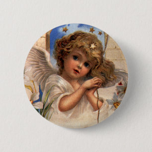 Bóton Redondo 5.08cm Vintage Christmas, Victorian Angel with Gold Bells