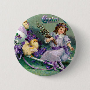Bóton Redondo 5.08cm Vintage Easter Greetings Girl Egg Chick Carriage