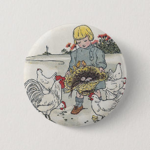 Bóton Redondo 5.08cm Vintage Girl With Chickens, E é um Ovo