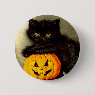 Bóton Redondo 5.08cm Vintage Halloween Cat e Jack-o'-lantern