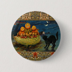 Bóton Redondo 5.08cm Vintage Halloween Pumpkins Black Cat