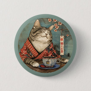 Bóton Redondo 5.08cm Vintage japense art Happy cat com uma xícara de ch