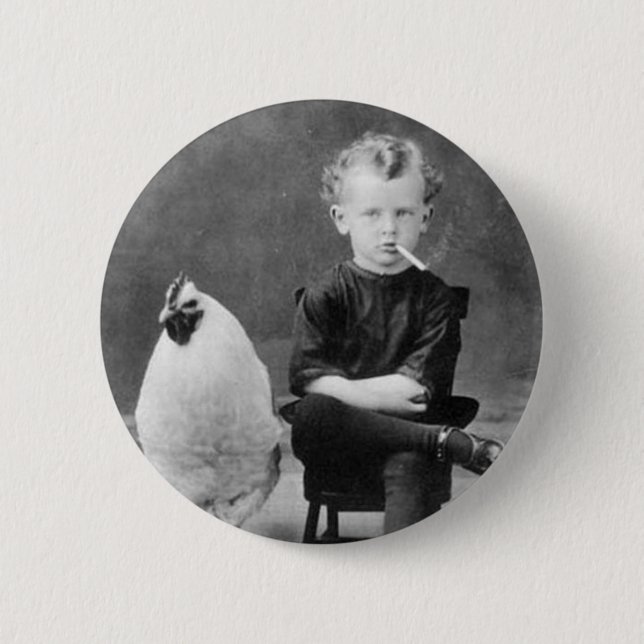 Bóton Redondo 5.08cm vintage - menino que fuma com galinha (Frente)