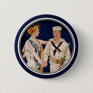 Bóton Redondo 5.08cm Vintage Patriotismo, Lady Liberty com o Marinho Se