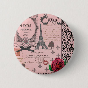 Bóton Redondo 5.08cm Vintage Pink Paris Collage