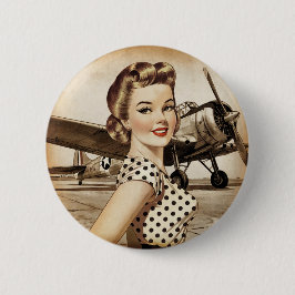 Bóton Redondo 5.08cm Vintage Pinup Girl & WW2 Airplane, Elegante