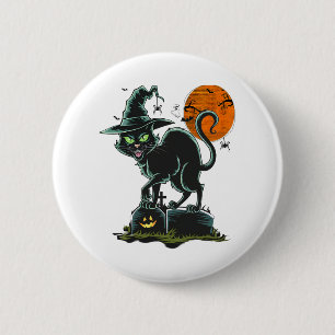 Bóton Redondo 5.08cm Vintage Scary Halloween Black Green Eyed Cat Witch