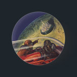 Bóton Redondo 5.08cm Vintage Science Fiction, Futurística City on Moon<br><div class="desc">Imagem de viagem de ilustração venenosa e ficção científica de transporte apresentando um clássico livro em quadrinhos retrô sci fi espaço e imagem planetária de astronautas ou aliens viajando em uma espaçonave voando sobre uma metrópole futurista na lua.</div>