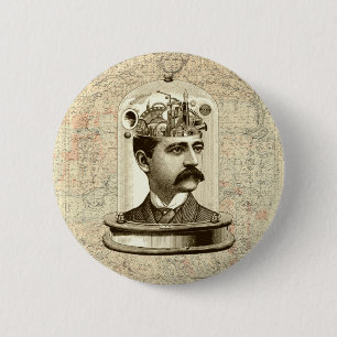 Bóton Redondo 5.08cm Vintage steampunk clocking brain, homem do bigode
