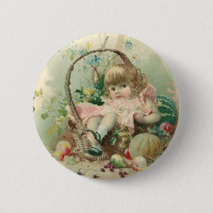 Bóton Redondo 5.08cm Vintage Victorian Child, Girl Primavera Fruta Bask