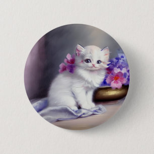 Bóton Redondo 5.08cm Vintage White Kitten com Flores Rosa e Púrpura