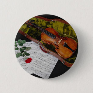 Bóton Redondo 5.08cm Violino e rosa vermelha no fundo preto