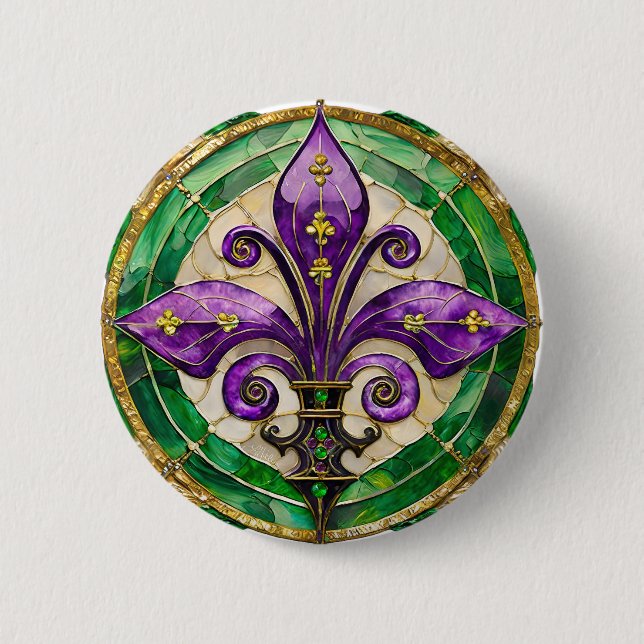 Bóton Redondo 5.08cm Vitral Mardi Gras Fleur de lis  (Frente)
