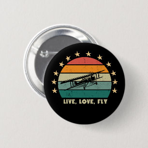 Bóton Redondo 5.08cm "Viva Amor Voe" Texto, Avião Antigo Pôr do Sol Ret
