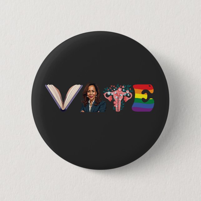Bóton Redondo 5.08cm VOTE Livros Uterus LGBT Kamala Harris Walz Eleição (Frente)