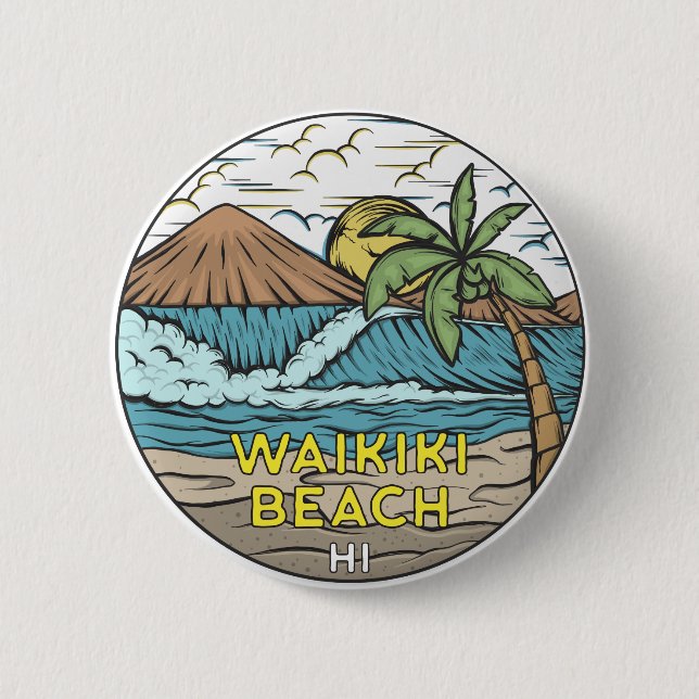 Bóton Redondo 5.08cm Waikiki Beach Hawaii Vintage (Frente)