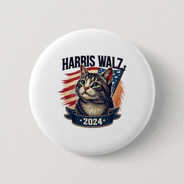 Bóton Redondo 5.08cm Walz 2024 Gato Engraçado Kamala Harris Tim Walz Wa (Frente)