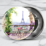 Bóton Redondo 5.08cm Watercolor Eifel Tower Paris French Cafe<br><div class="desc">Watercolor Eifel Tower Paris French Cafe Buttons features a watercolor french cafe seating area with Paris and the Eifel Tower in the background. Created by Evco Studio www.zazzle.com/store/evcostudio</div>