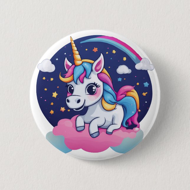 Bóton Redondo 5.08cm Whimsical Happy Unicorn on Pink Cloud Button (Frente)