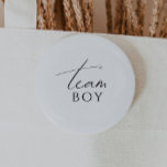 Bóton Redondo 5.08cm Whimsical Neutral Gender Reveal Team Boy<br><div class="desc">Introducing our whimsical neutral gender reveal team boy button—perfect for any season, whether it's fall, winter, spring, or summer! This button has a boho-chic vibe with modern, elegant calligraphy and a minimalist black-and-white design. It's pretty and unique, with a touch of vintage shabby chic, making it perfect for both boys...</div>