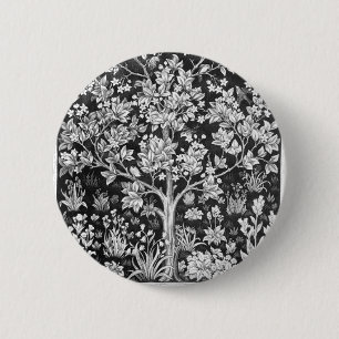 Bóton Redondo 5.08cm William Morris - Árvore Da Vida Preta E Branca