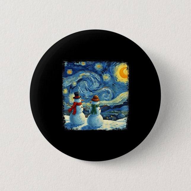Bóton Redondo 5.08cm Winter Snowman Van Gogh Starry Night Christmas  (Frente)