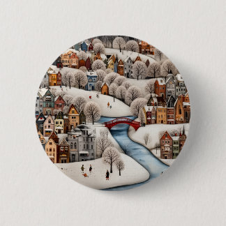 Bóton Redondo 5.08cm Winter Village Scene Cozy Snowy Town 
