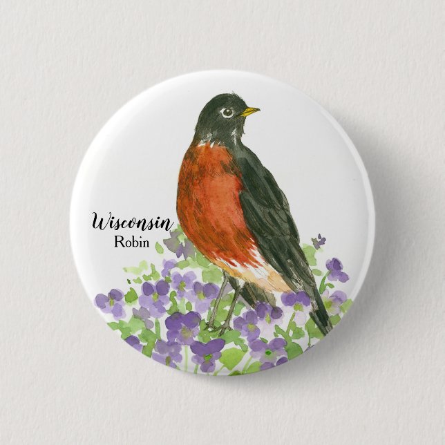 Bóton Redondo 5.08cm Wisconsin Souvenir American Robin Purple Violets (Frente)
