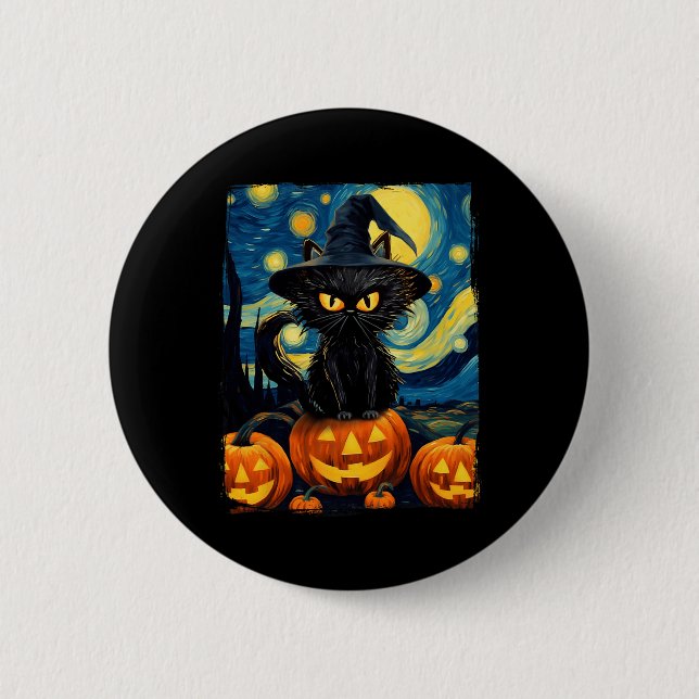 Bóton Redondo 5.08cm Witry Cat Starry Night Van Gogh Retro Halloween Ca (Frente)