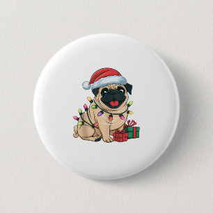 Bóton Redondo 5.08cm Xmas Lighting Santa Hat Pug Dogs Natal