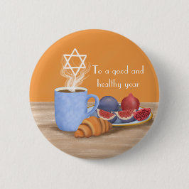 Bóton Redondo 5.08cm Yom Kippur Quebra-Jejum: Café, Romãs