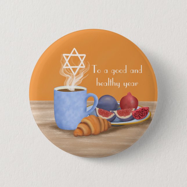 Bóton Redondo 5.08cm Yom Kippur Quebra-Jejum: Café, Romãs  (Frente)