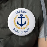 Bóton Redondo 5.08cm Your Boat Name Captain Anchor Gold Laurel White<br><div class="desc">A Personalized Button with your boat name, family name or other desired text and Captain title or other rank as needed. Featuring a custom designed nautical boat anchor, gold style laurel leaves and star emblem on white or easily adjust the primary color to match your current theme. Makes a great...</div>
