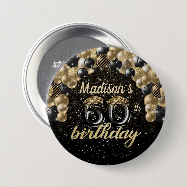 Bóton Redondo 7.62cm 60th Birthday Black Gold Balloon Glitter Button (Frente & Verso)