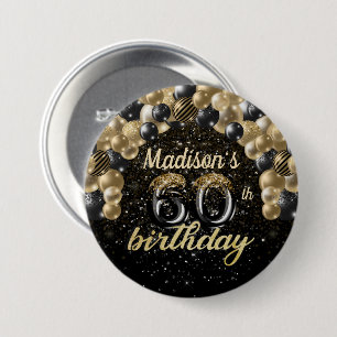 Bóton Redondo 7.62cm 60th Birthday Black Gold Balloon Glitter Button