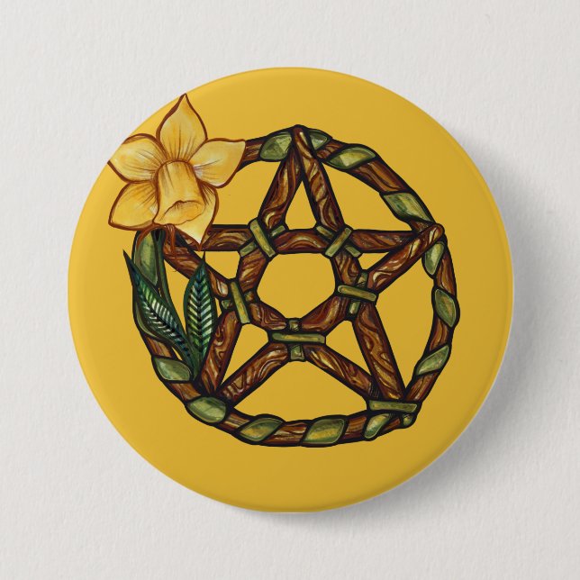 Bóton Redondo 7.62cm Abençoado Pentáculo Daffodil Ostara Art (Frente)