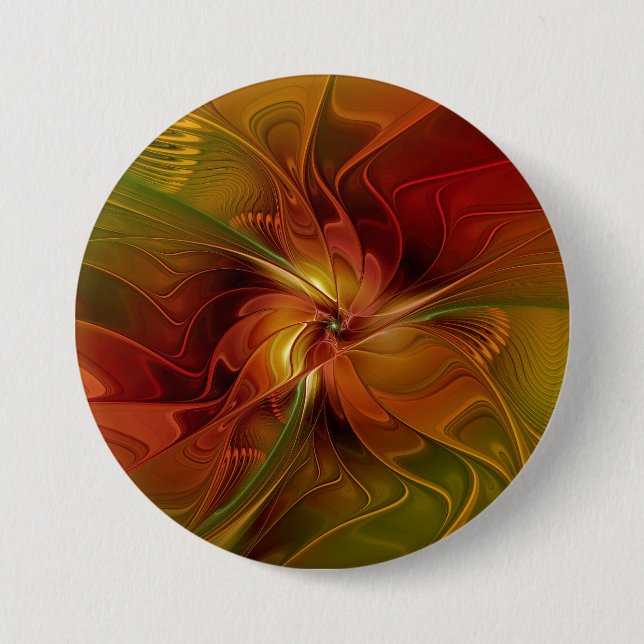 Bóton Redondo 7.62cm Abstract Red Orange Brown Green Fractal Art Flower (Frente)